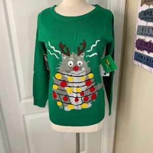 Tipsy Elves Woman’s Small Electrocuted Cat Green Holiday Sweater